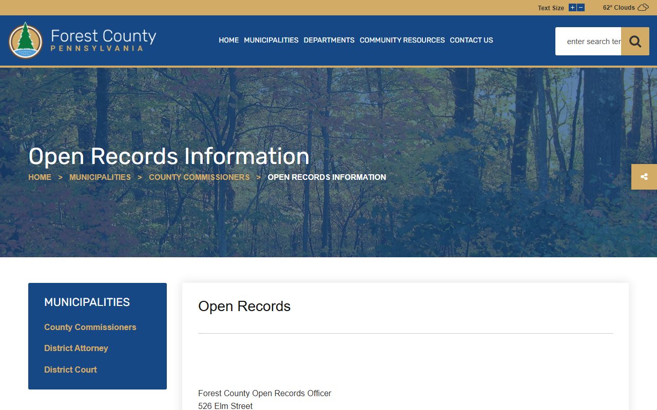 Forest County Open Records page for jail and records contact direction