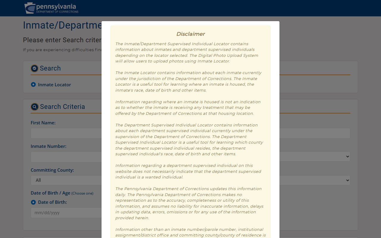 PA DOC locator search interface for State Correctional Institution Forest inmates