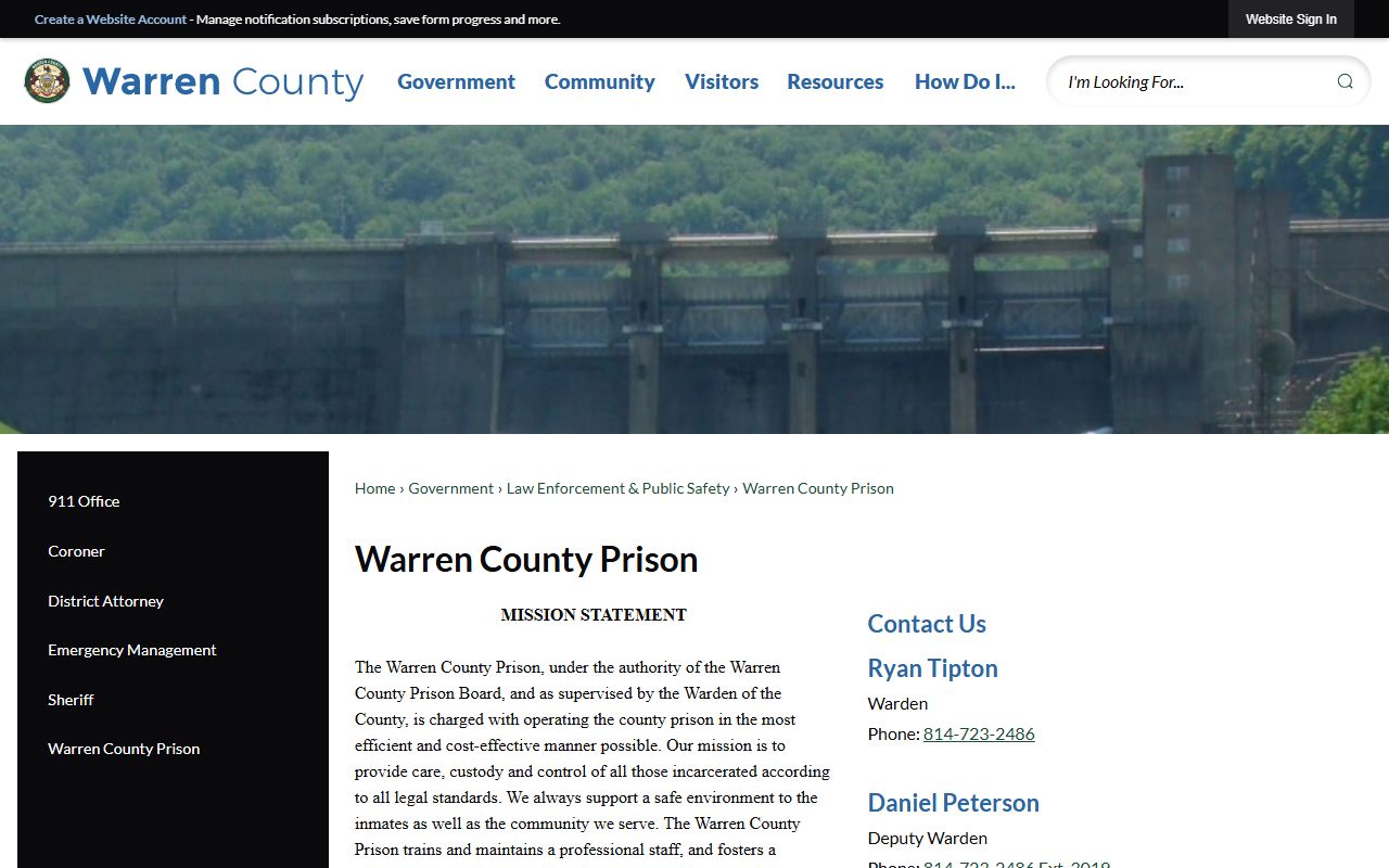 Warren County Prison custody page for Forest County inmate lookup